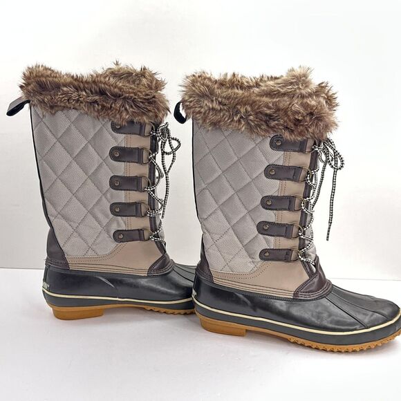Khombu Boots Womens Size 11 Brown Gray Faux Fur Tall Lace Up Snow Duck Winter - Picture 2 of 13